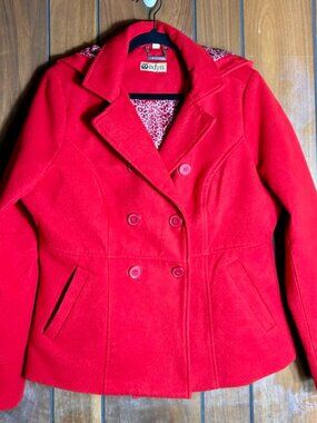 Odyn Double Breasted Peacoat Womens Sz XL Red Hooded Leopard Satin Lining Pocket